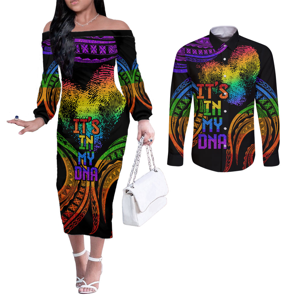 Personalised Its In My DNA Valentine Day Couples Matching Off The Shoulder Long Sleeve Dress and Long Sleeve Button Shirt Fingerprint Heart with Color Pride Flag LT9 - Polynesian Pride