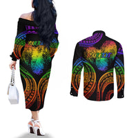 Personalised Its In My DNA Valentine Day Couples Matching Off The Shoulder Long Sleeve Dress and Long Sleeve Button Shirt Fingerprint Heart with Color Pride Flag LT9 - Polynesian Pride