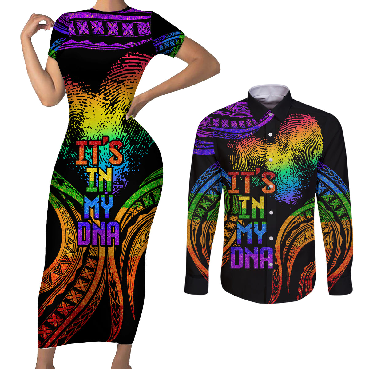 Personalised Its In My DNA Valentine Day Couples Matching Short Sleeve Bodycon Dress and Long Sleeve Button Shirt Fingerprint Heart with Color Pride Flag LT9 - Polynesian Pride