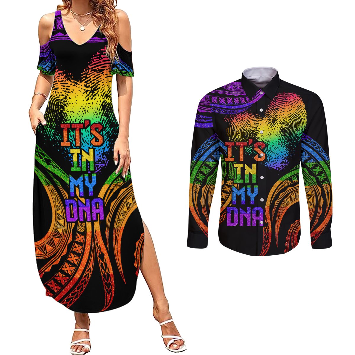Personalised Its In My DNA Valentine Day Couples Matching Summer Maxi Dress and Long Sleeve Button Shirt Fingerprint Heart with Color Pride Flag LT9 No Dress - Polynesian Pride