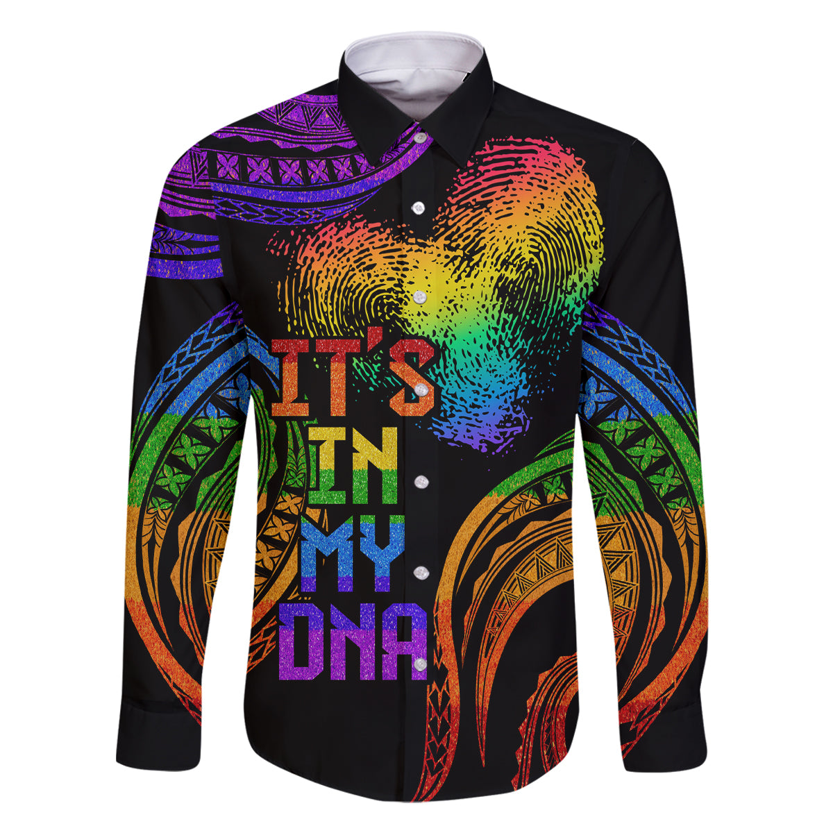 Personalised Its In My DNA Valentine Day Family Matching Summer Maxi Dress and Hawaiian Shirt Fingerprint Heart with Color Pride Flag LT9 Dad's Shirt - Long Sleeve - Polynesian Pride