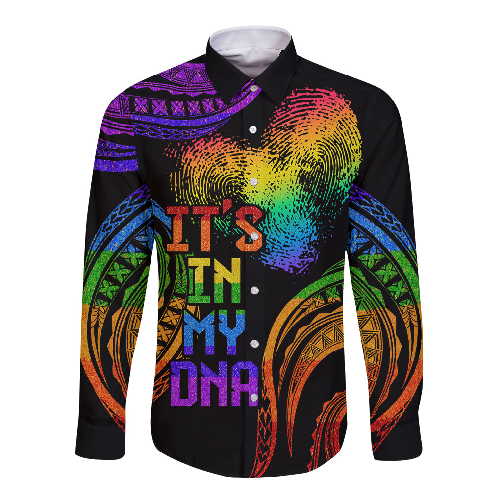 Personalised Its In My DNA Valentine Day Long Sleeve Button Shirt Fingerprint Heart with Color Pride Flag LT9 Unisex - Polynesian Pride