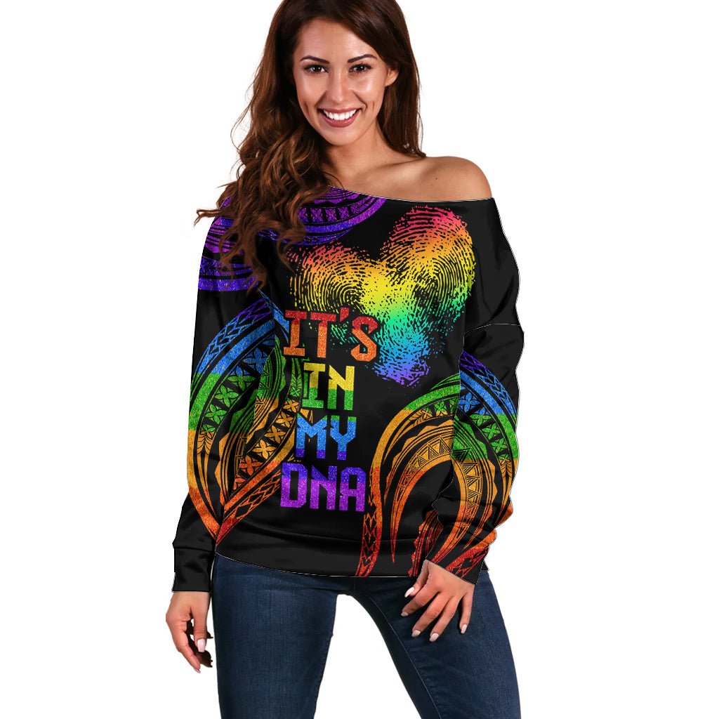 Personalised Its In My DNA Valentine Day Off Shoulder Sweater Fingerprint Heart with Color Pride Flag LT9 Women - Polynesian Pride