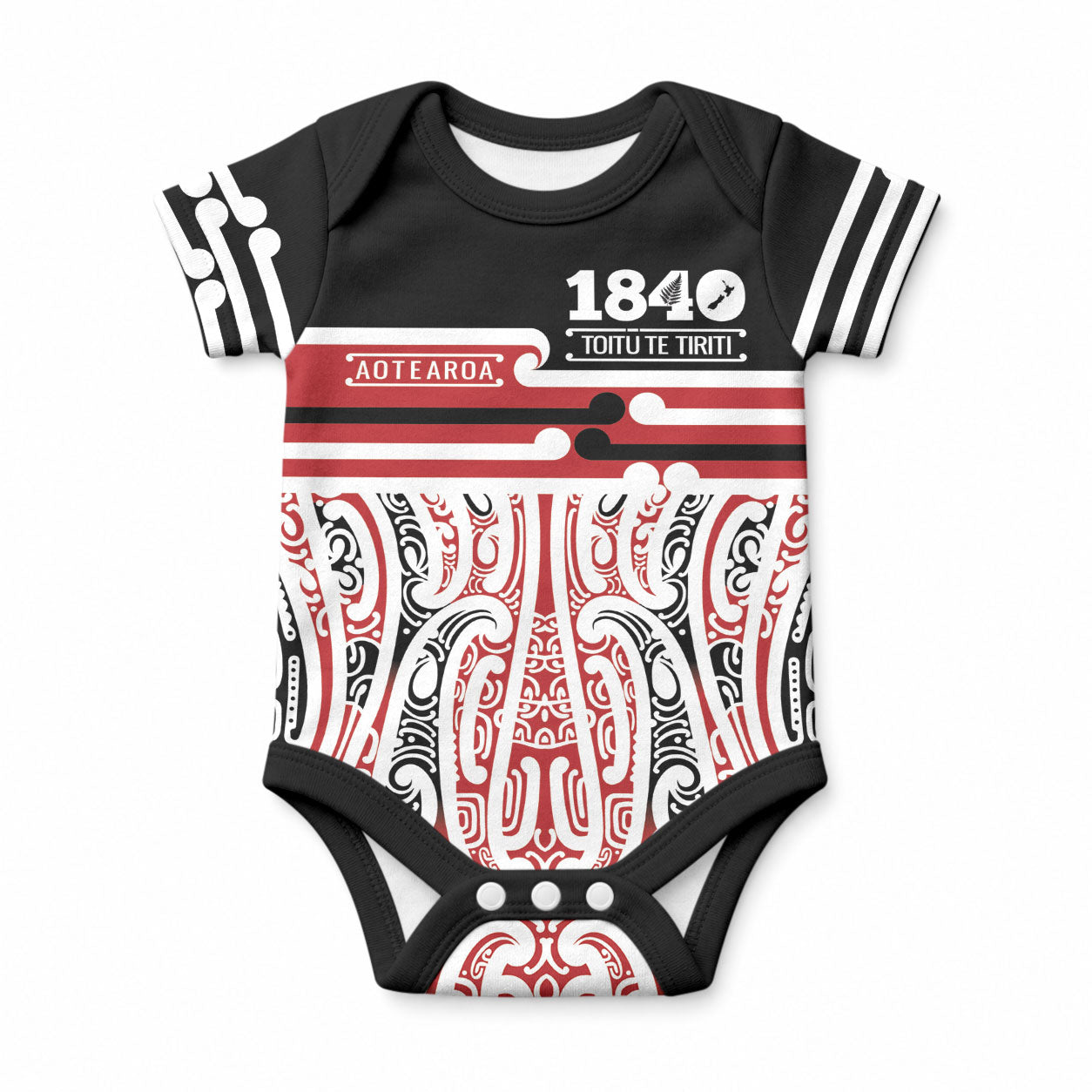 Personalised Toitu Te Tiriti Aotearoa 1840 Baby Onesie Red Kowhaiwhai Puhoro