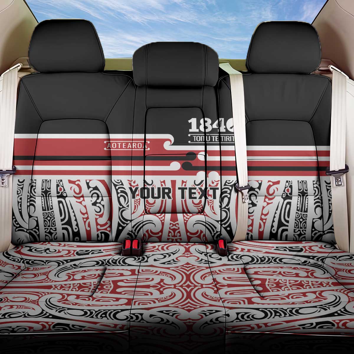 Personalised Toitu Te Tiriti Aotearoa 1840 Back Car Seat Cover Red Kowhaiwhai Puhoro LT9 One Size Black - Polynesian Pride