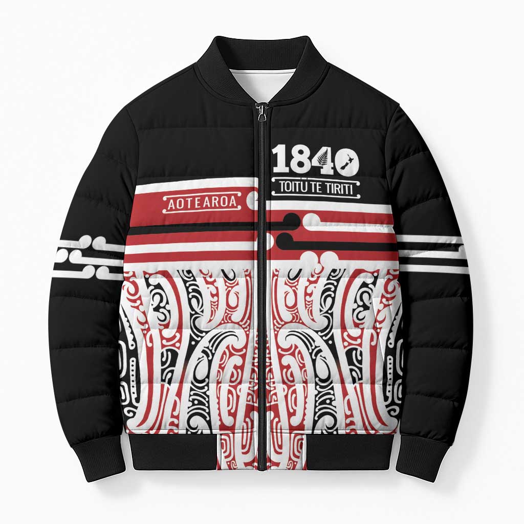 Personalised Toitu Te Tiriti Aotearoa 1840 Bomber Puffer Jacket Red Kowhaiwhai Puhoro - Polynesian Pride