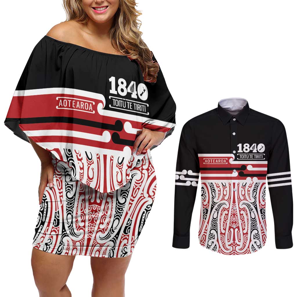 Personalised Toitu Te Tiriti Aotearoa 1840 Couples Matching Off Shoulder Short Dress and Long Sleeve Button Shirt Red Kowhaiwhai Puhoro - Polynesian Pride