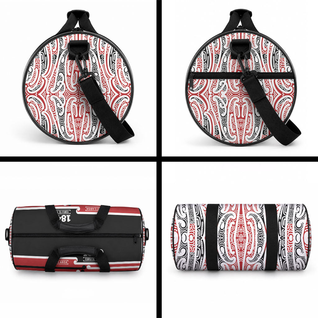 Personalised Toitu Te Tiriti Aotearoa 1840 Duffle Bag Red Kowhaiwhai Puhoro