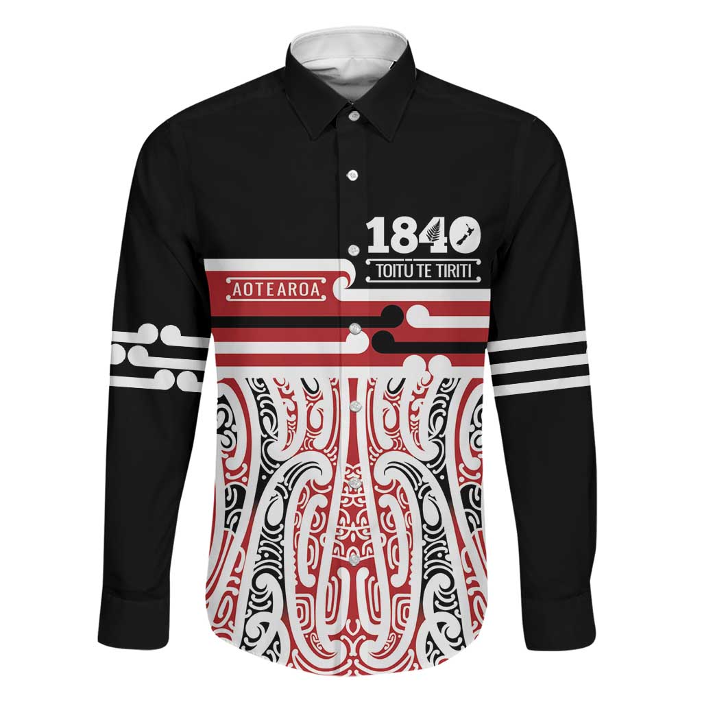 Personalised Toitu Te Tiriti Aotearoa 1840 Family Matching Off The Shoulder Long Sleeve Dress and Hawaiian Shirt Red Kowhaiwhai Puhoro LT9 Dad's Shirt - Long Sleeve Black - Polynesian Pride