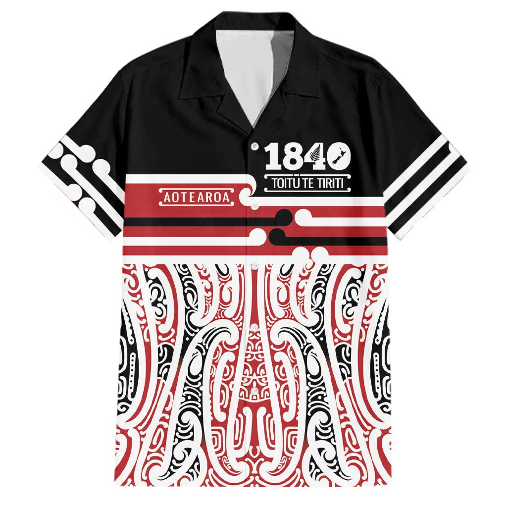 Personalised Toitu Te Tiriti Aotearoa 1840 Family Matching Puletasi and Hawaiian Shirt Red Kowhaiwhai Puhoro LT9 Dad's Shirt - Short Sleeve Black - Polynesian Pride