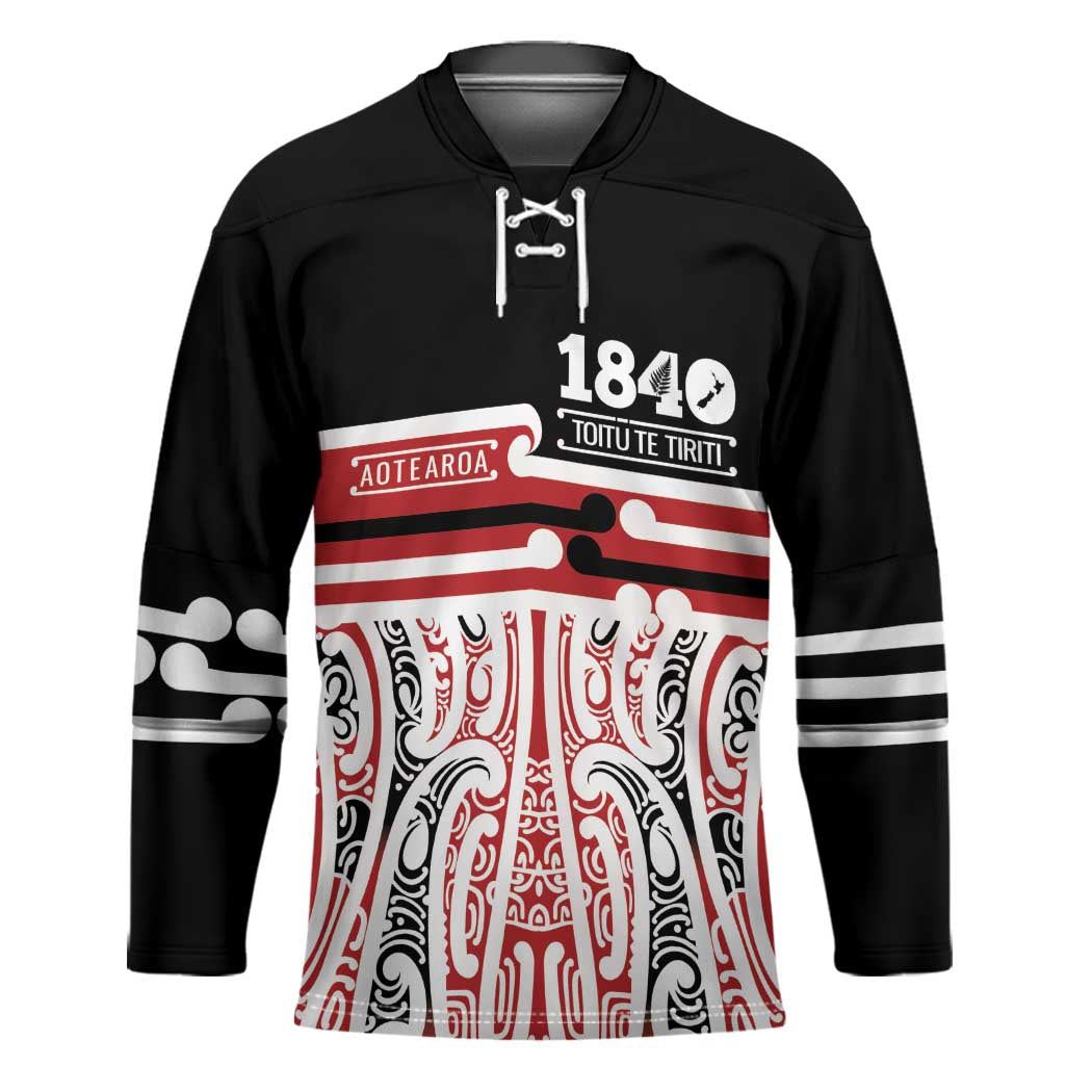 Personalised Toitu Te Tiriti Aotearoa 1840 Hockey Jersey Red Kowhaiwhai Puhoro - Polynesian Pride