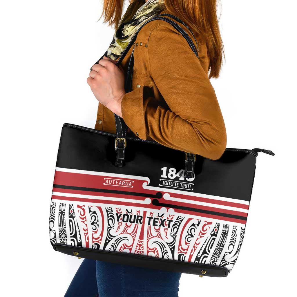 Personalised Toitu Te Tiriti Aotearoa 1840 Leather Tote Bag Red Kowhaiwhai Puhoro - Polynesian Pride