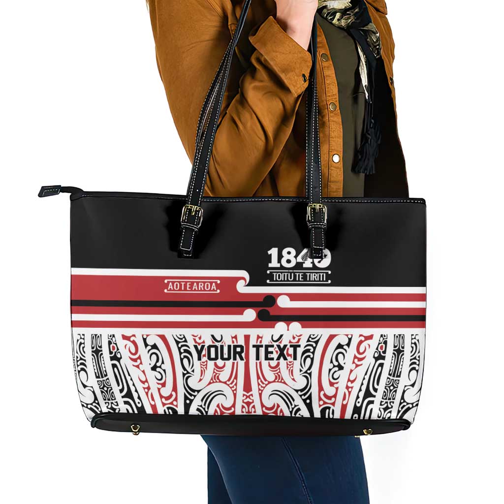 Personalised Toitu Te Tiriti Aotearoa 1840 Leather Tote Bag Red Kowhaiwhai Puhoro - Polynesian Pride