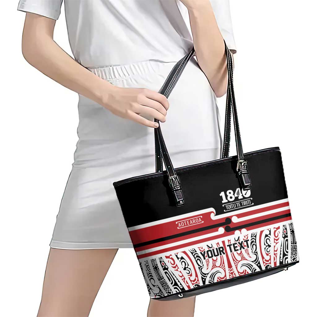 Personalised Toitu Te Tiriti Aotearoa 1840 Leather Tote Bag Red Kowhaiwhai Puhoro - Polynesian Pride