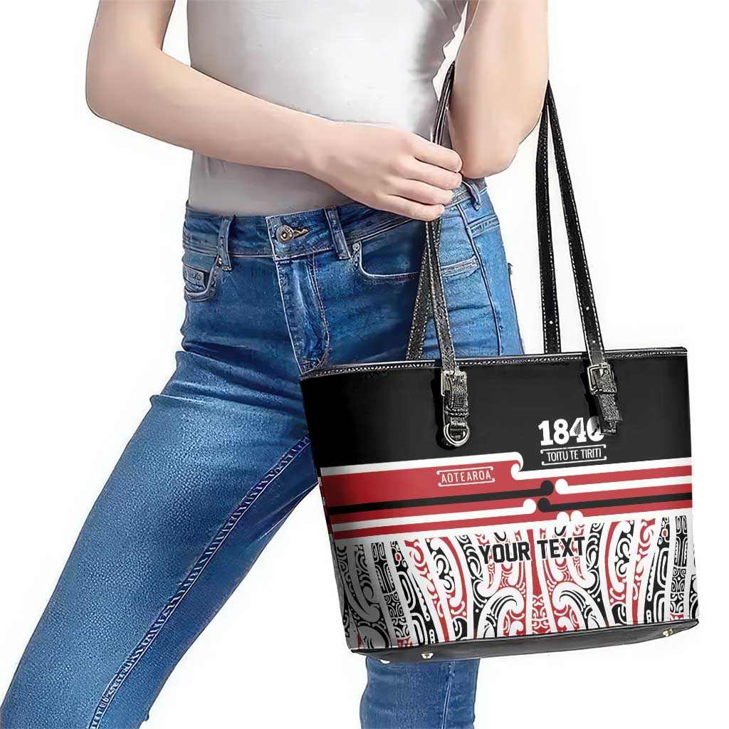 Personalised Toitu Te Tiriti Aotearoa 1840 Leather Tote Bag Red Kowhaiwhai Puhoro - Polynesian Pride