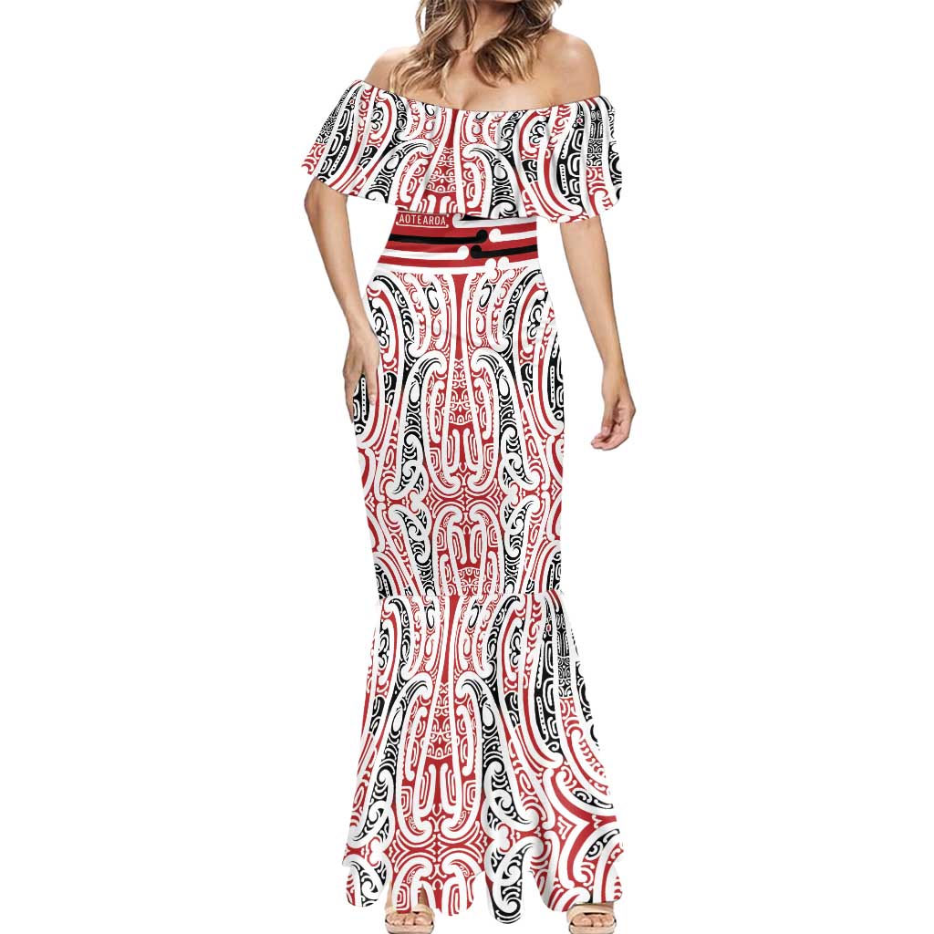 Personalised Toitu Te Tiriti Aotearoa 1840 Mermaid Dress Red Kowhaiwhai Puhoro - Polynesian Pride