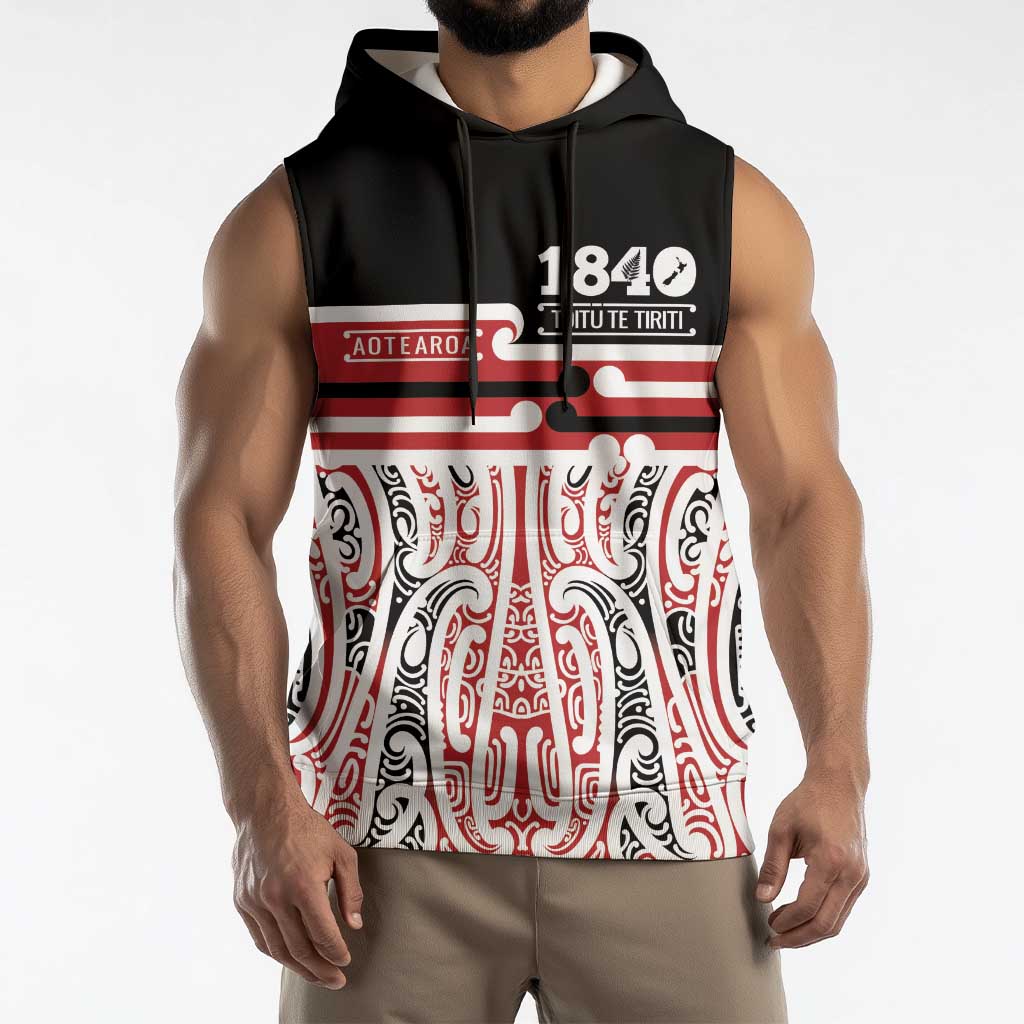 Personalised Toitu Te Tiriti Aotearoa 1840 Sleeveless Hoodie Red Kowhaiwhai Puhoro LT9 - Polynesian Pride