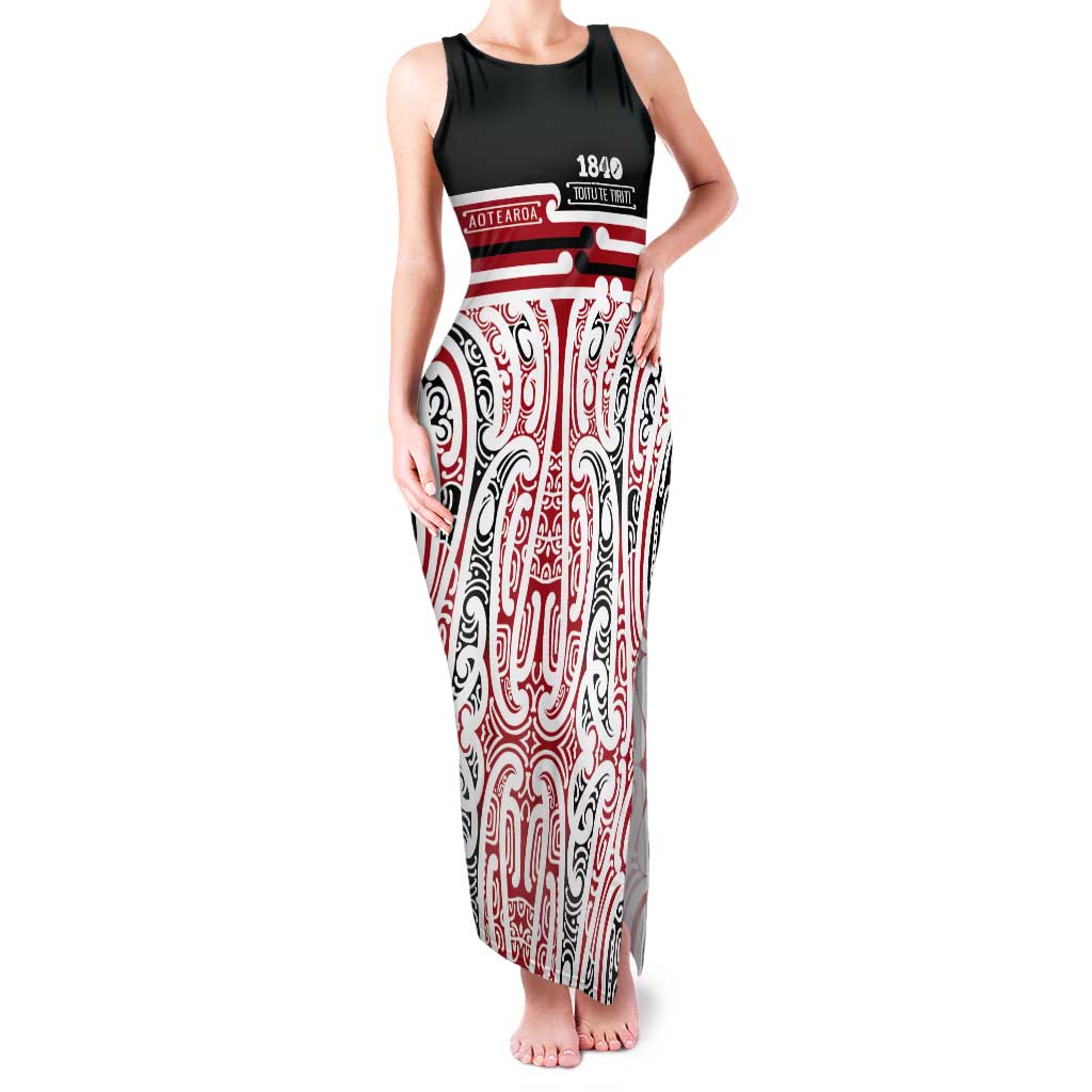 Personalised Toitu Te Tiriti Aotearoa 1840 Tank Maxi Dress Red Kowhaiwhai Puhoro - Polynesian Pride