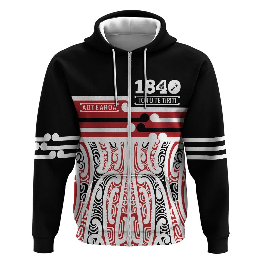 Personalised Toitu Te Tiriti Aotearoa 1840 Zip Hoodie Red Kowhaiwhai Puhoro LT9 Zip Hoodie Black - Polynesian Pride