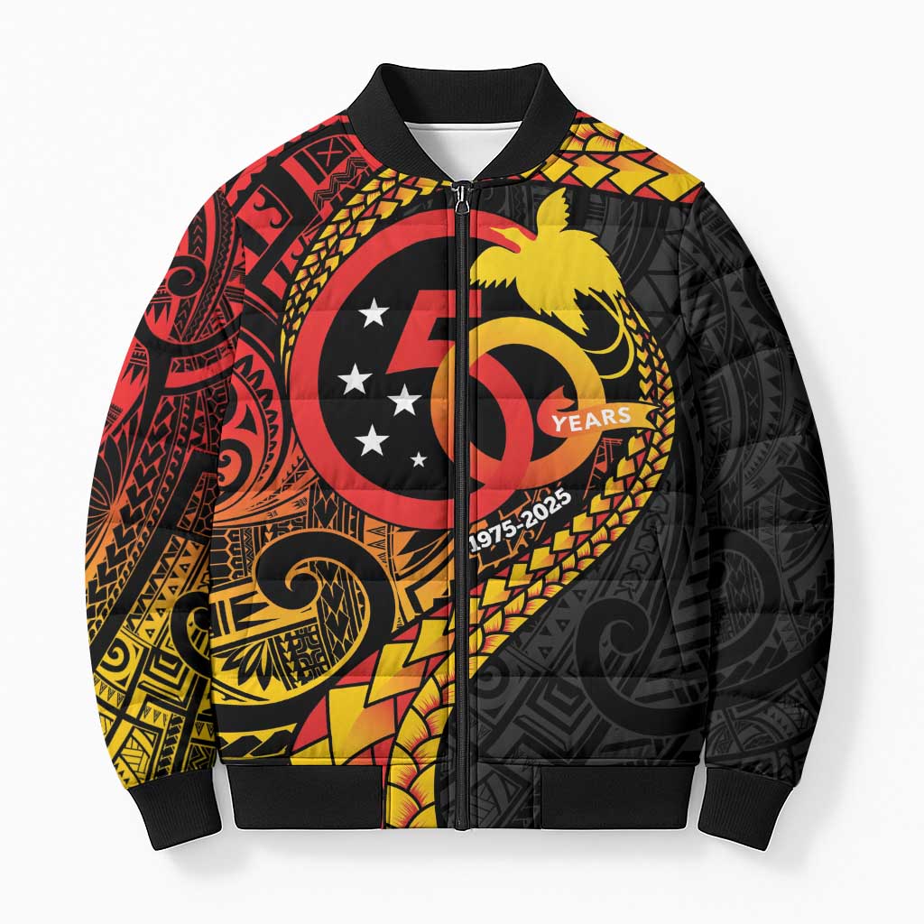 Papua New Guinea Tribal Tattoo Bomber Puffer Jacket 50th Independence Anniversary - Polynesian Pride