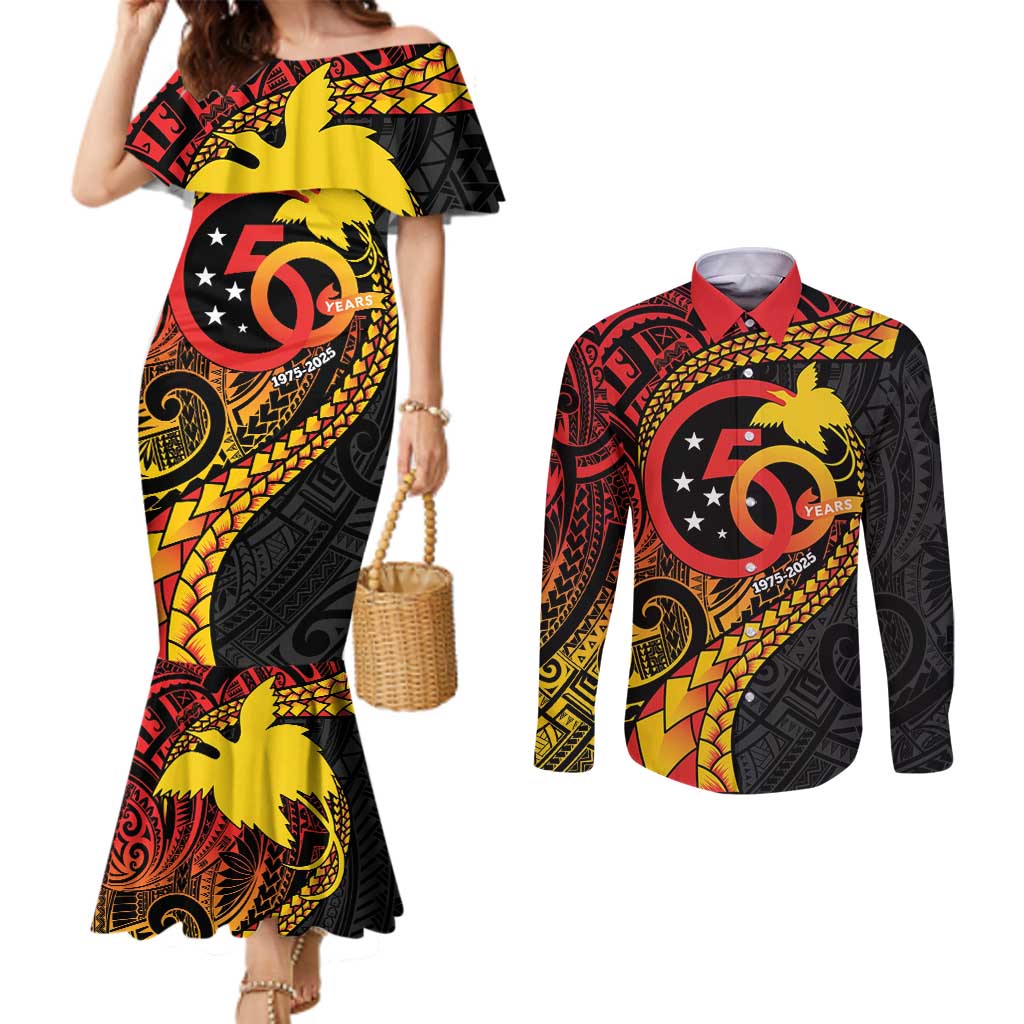 Papua New Guinea Tribal Tattoo Couples Matching Mermaid Dress and Long Sleeve Button Shirt 50th Independence Anniversary