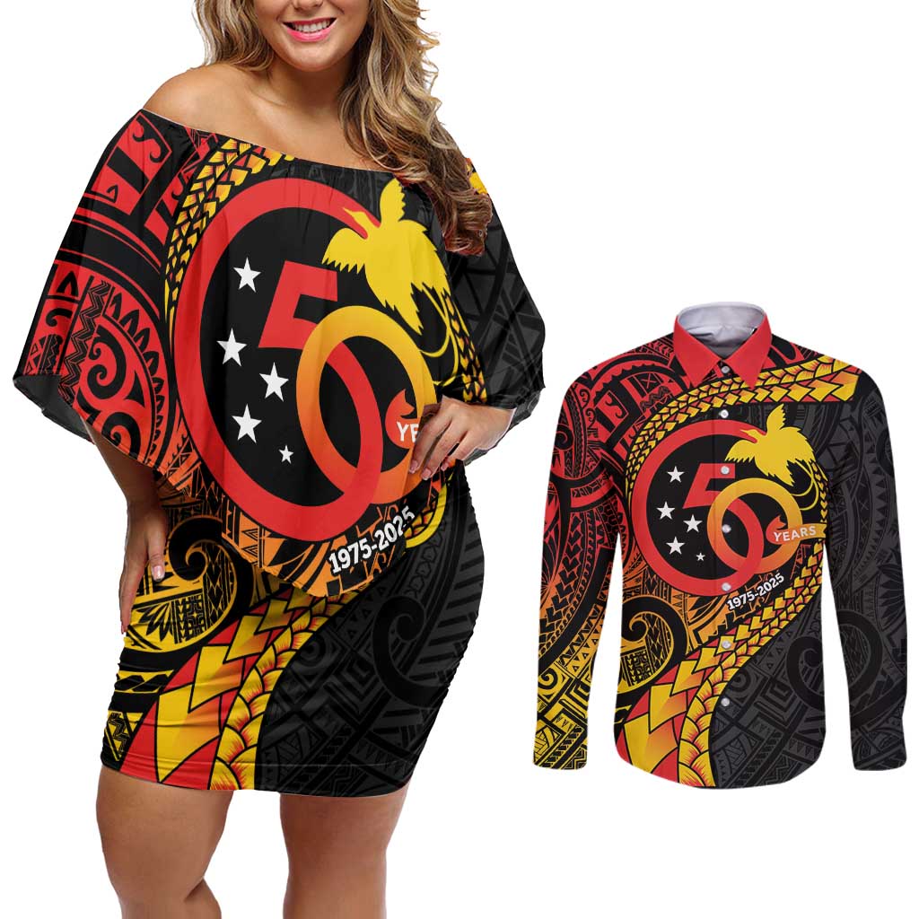 Papua New Guinea Tribal Tattoo Couples Matching Off Shoulder Short Dress and Long Sleeve Button Shirt 50th Independence Anniversary