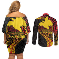 Papua New Guinea Tribal Tattoo Couples Matching Off Shoulder Short Dress and Long Sleeve Button Shirt 50th Independence Anniversary LT9 - Polynesian Pride