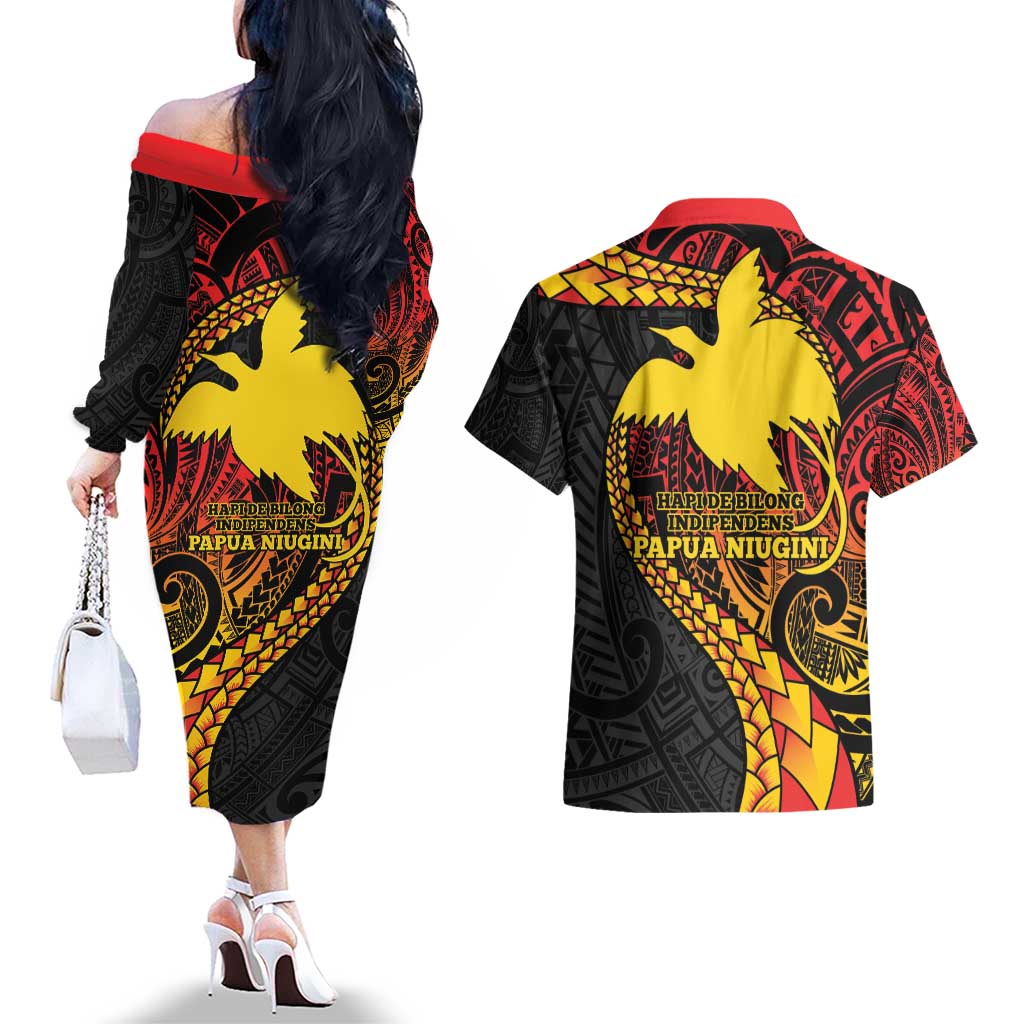 Papua New Guinea Tribal Tattoo Couples Matching Off The Shoulder Long Sleeve Dress and Hawaiian Shirt 50th Independence Anniversary