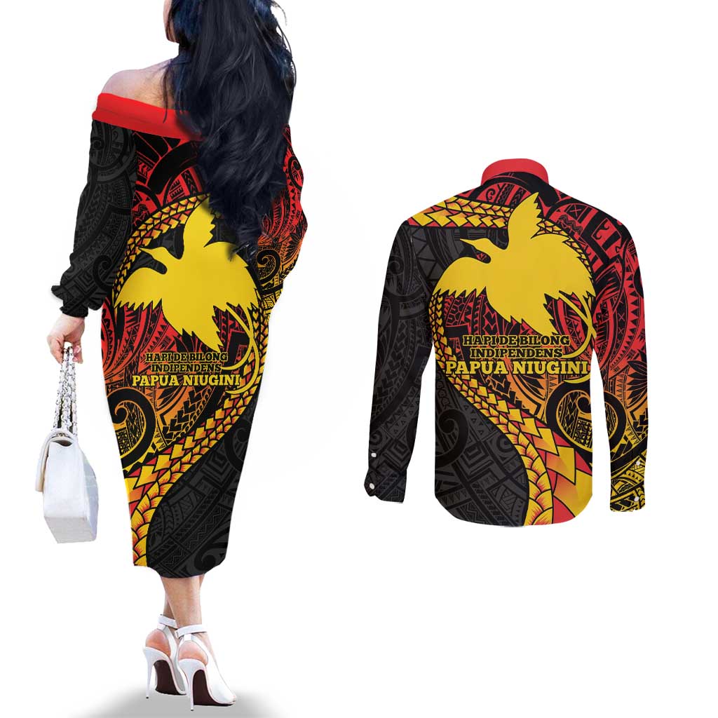 Papua New Guinea Tribal Tattoo Couples Matching Off The Shoulder Long Sleeve Dress and Long Sleeve Button Shirt 50th Independence Anniversary