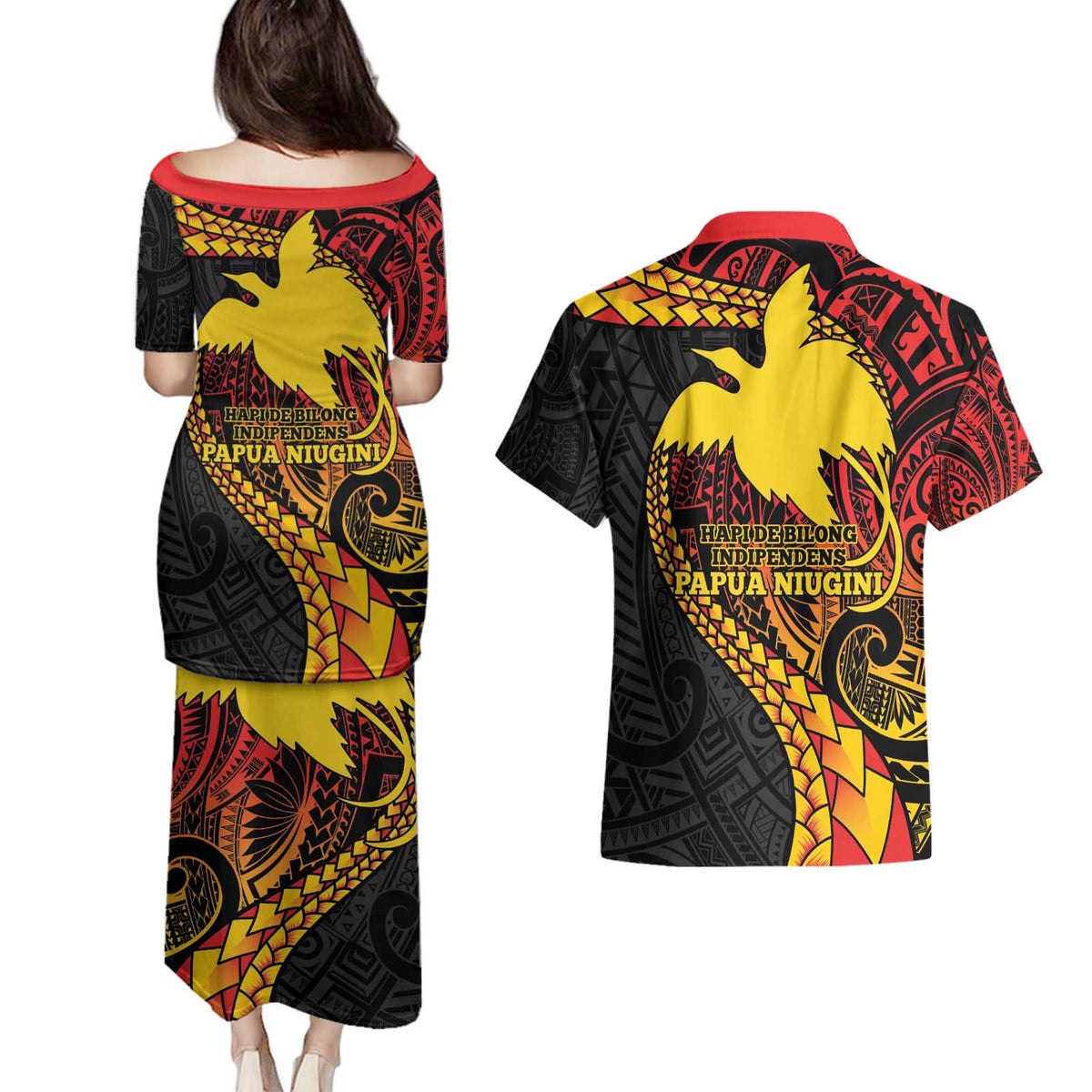 Papua New Guinea Tribal Tattoo Couples Matching Puletasi and Hawaiian Shirt 50th Independence Anniversary LT9 - Polynesian Pride