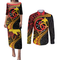 Papua New Guinea Tribal Tattoo Couples Matching Puletasi and Long Sleeve Button Shirt 50th Independence Anniversary LT9 Black - Polynesian Pride
