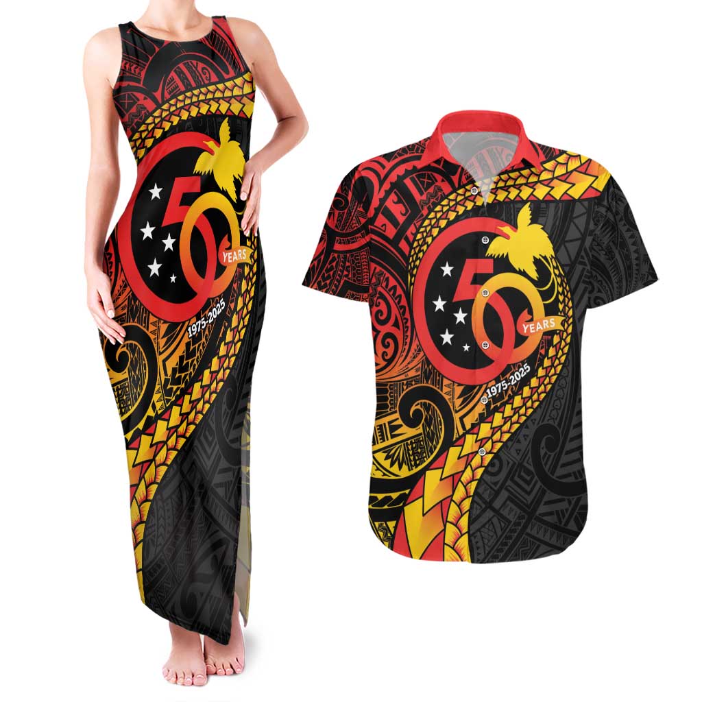 Papua New Guinea Tribal Tattoo Couples Matching Tank Maxi Dress and Hawaiian Shirt 50th Independence Anniversary