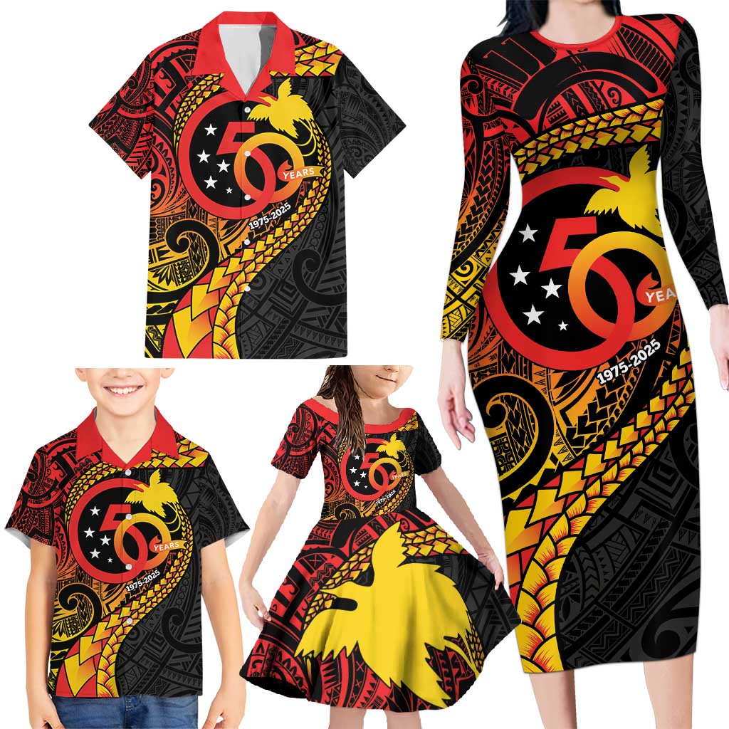 Papua New Guinea Tribal Tattoo Family Matching Long Sleeve Bodycon Dress and Hawaiian Shirt 50th Independence Anniversary LT9 - Polynesian Pride