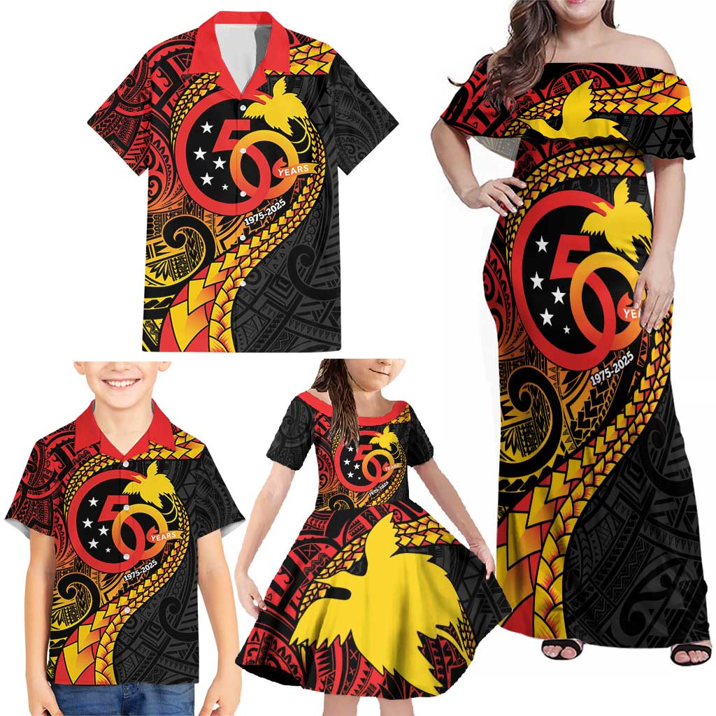 Papua New Guinea Tribal Tattoo Family Matching Off Shoulder Maxi Dress and Hawaiian Shirt 50th Independence Anniversary LT9 - Polynesian Pride