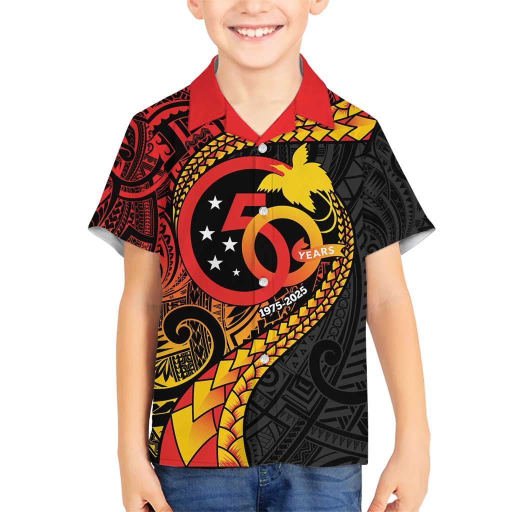 Papua New Guinea Tribal Tattoo Family Matching Off Shoulder Maxi Dress and Hawaiian Shirt 50th Independence Anniversary LT9 Son's Shirt Black - Polynesian Pride
