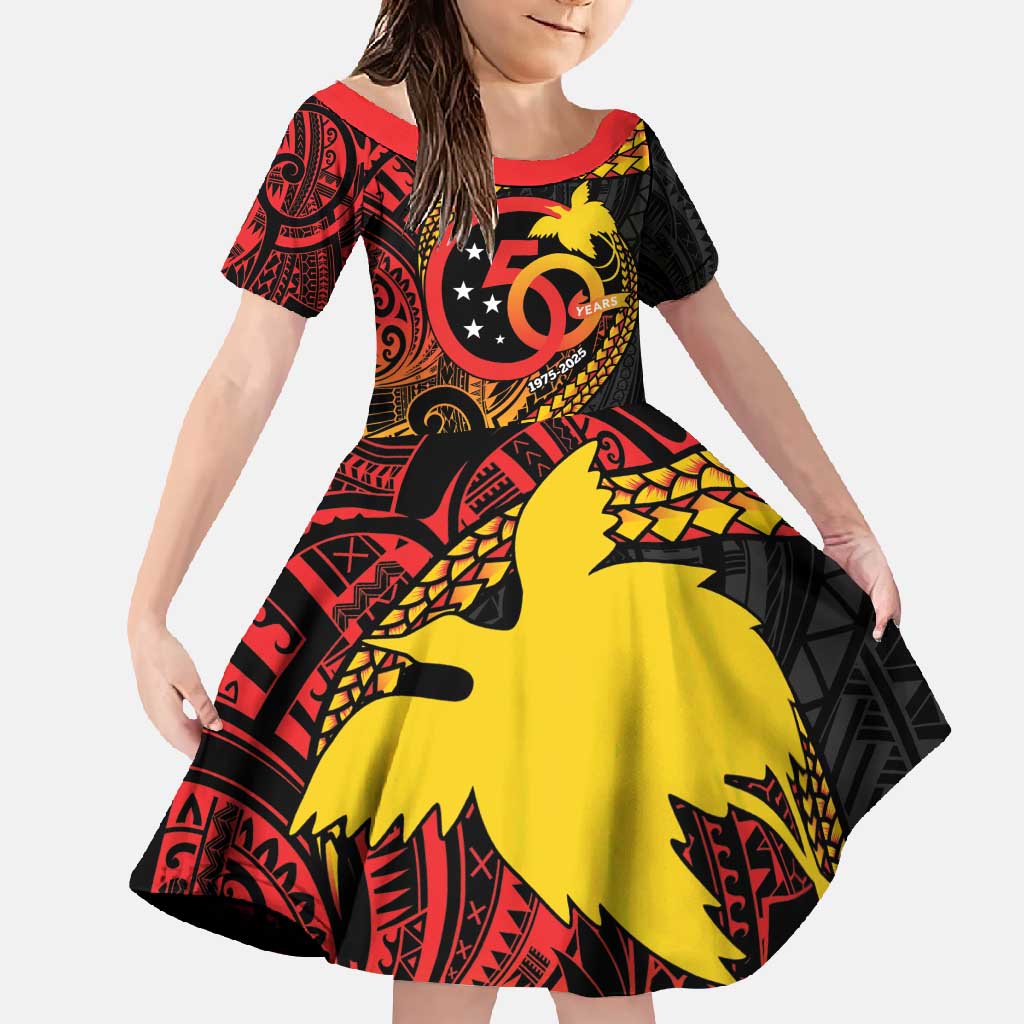 Papua New Guinea Tribal Tattoo Family Matching Tank Maxi Dress and Hawaiian Shirt 50th Independence Anniversary LT9 Daughter's Dress Black - Polynesian Pride