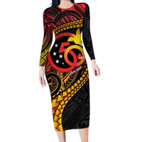 Papua New Guinea Tribal Tattoo Long Sleeve Bodycon Dress 50th Independence Anniversary LT9 Long Dress Black - Polynesian Pride