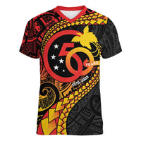 Papua New Guinea Tribal Tattoo Women V-Neck T-Shirt 50th Independence Anniversary LT9 Female Black - Polynesian Pride