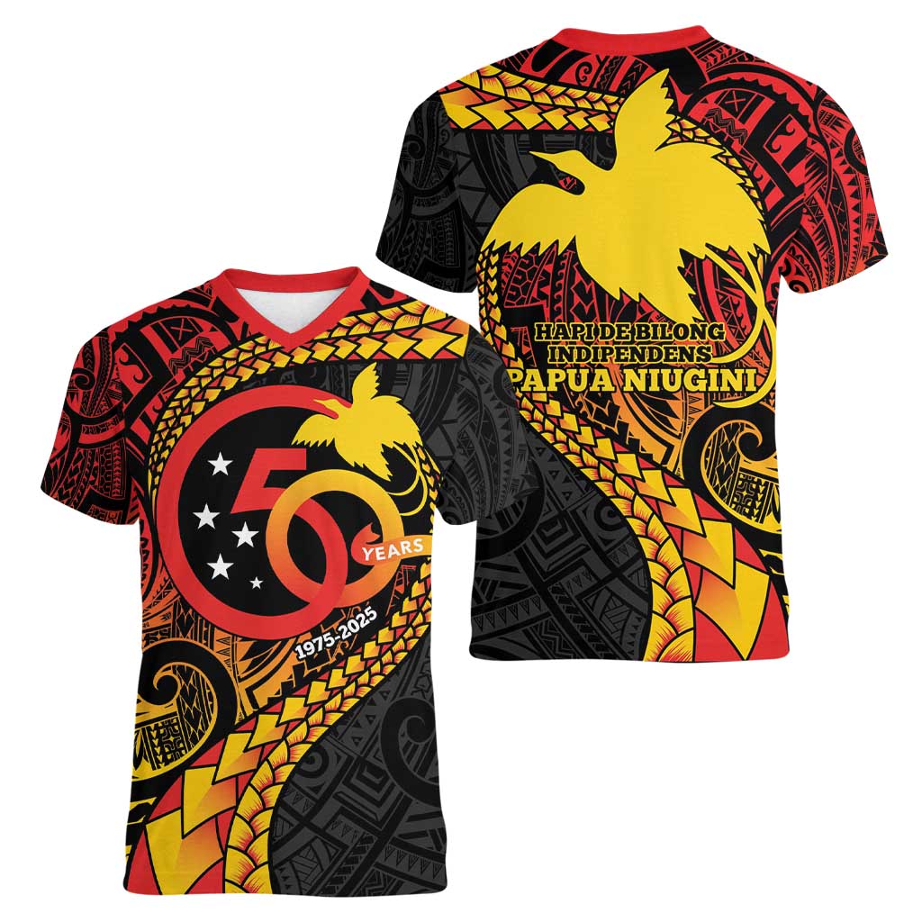 Papua New Guinea Tribal Tattoo Women V-Neck T-Shirt 50th Independence Anniversary LT9 - Polynesian Pride