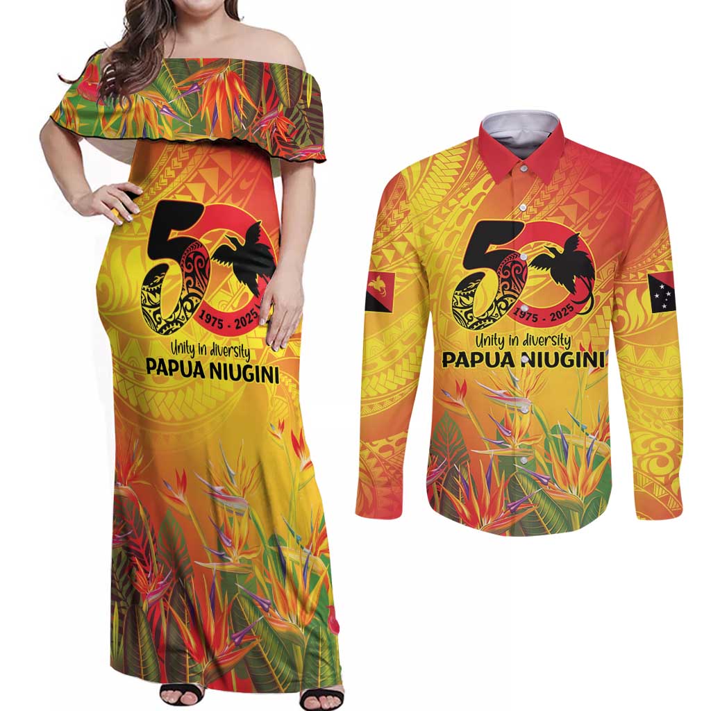 Papua New Guinea Unity in Diversity Couples Matching Off Shoulder Maxi Dress and Long Sleeve Button Shirt 50th Indipendens Papua Niugini