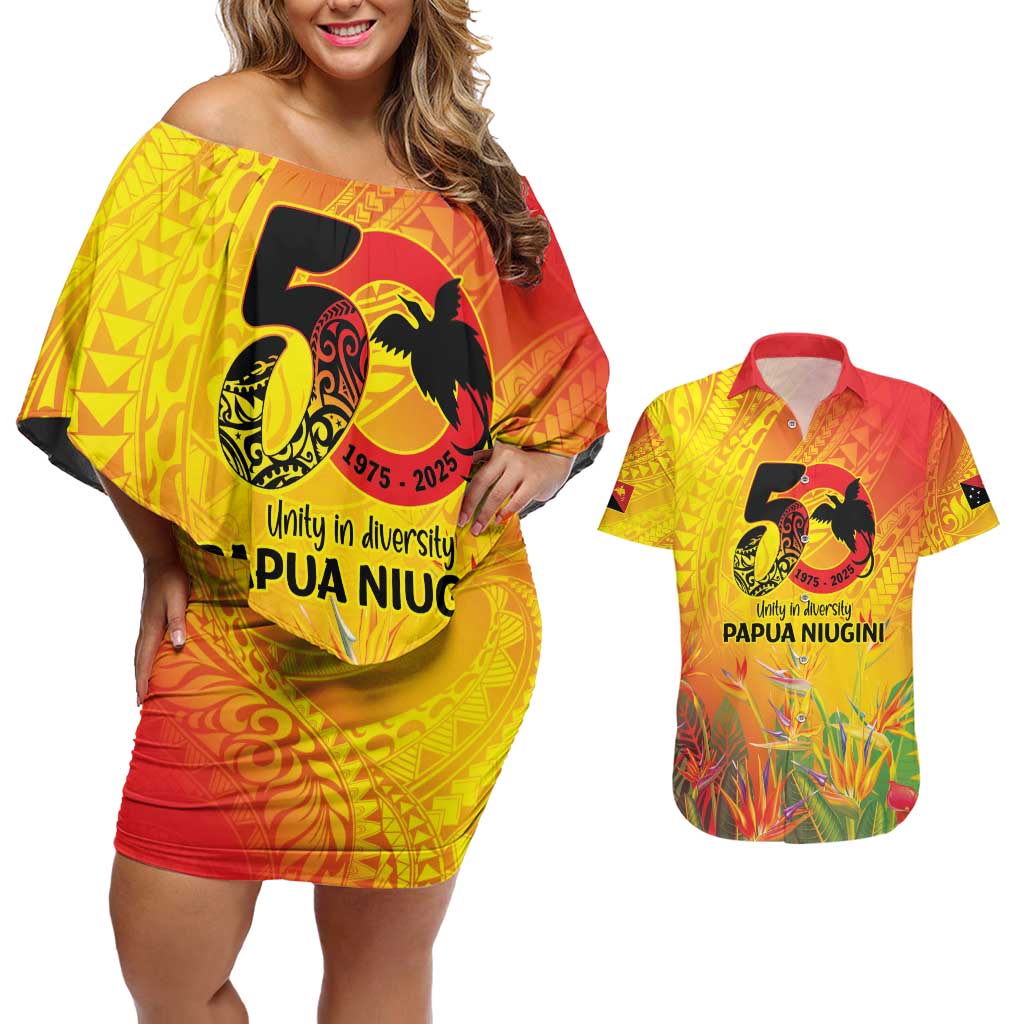 Papua New Guinea Unity in Diversity Couples Matching Off Shoulder Short Dress and Hawaiian Shirt 50th Indipendens Papua Niugini