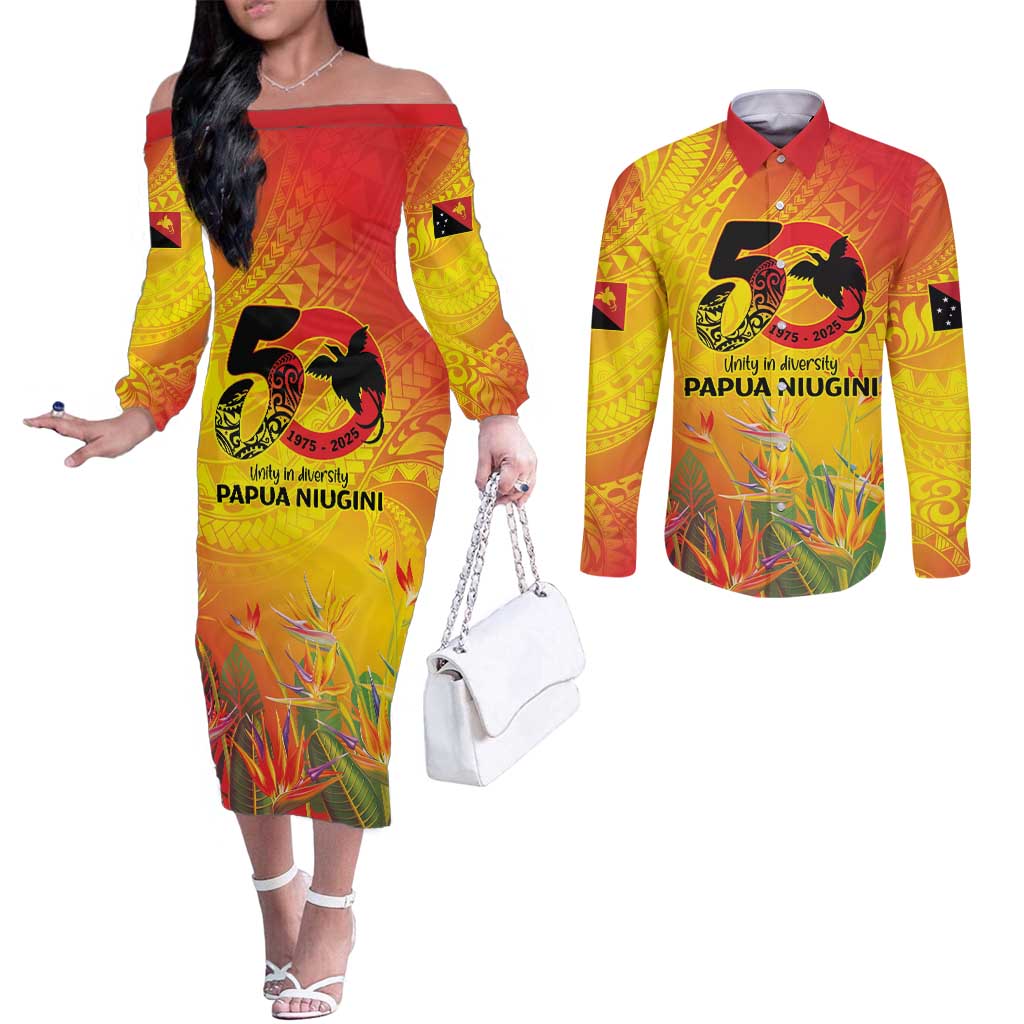Papua New Guinea Unity in Diversity Couples Matching Off The Shoulder Long Sleeve Dress and Long Sleeve Button Shirt 50th Indipendens Papua Niugini