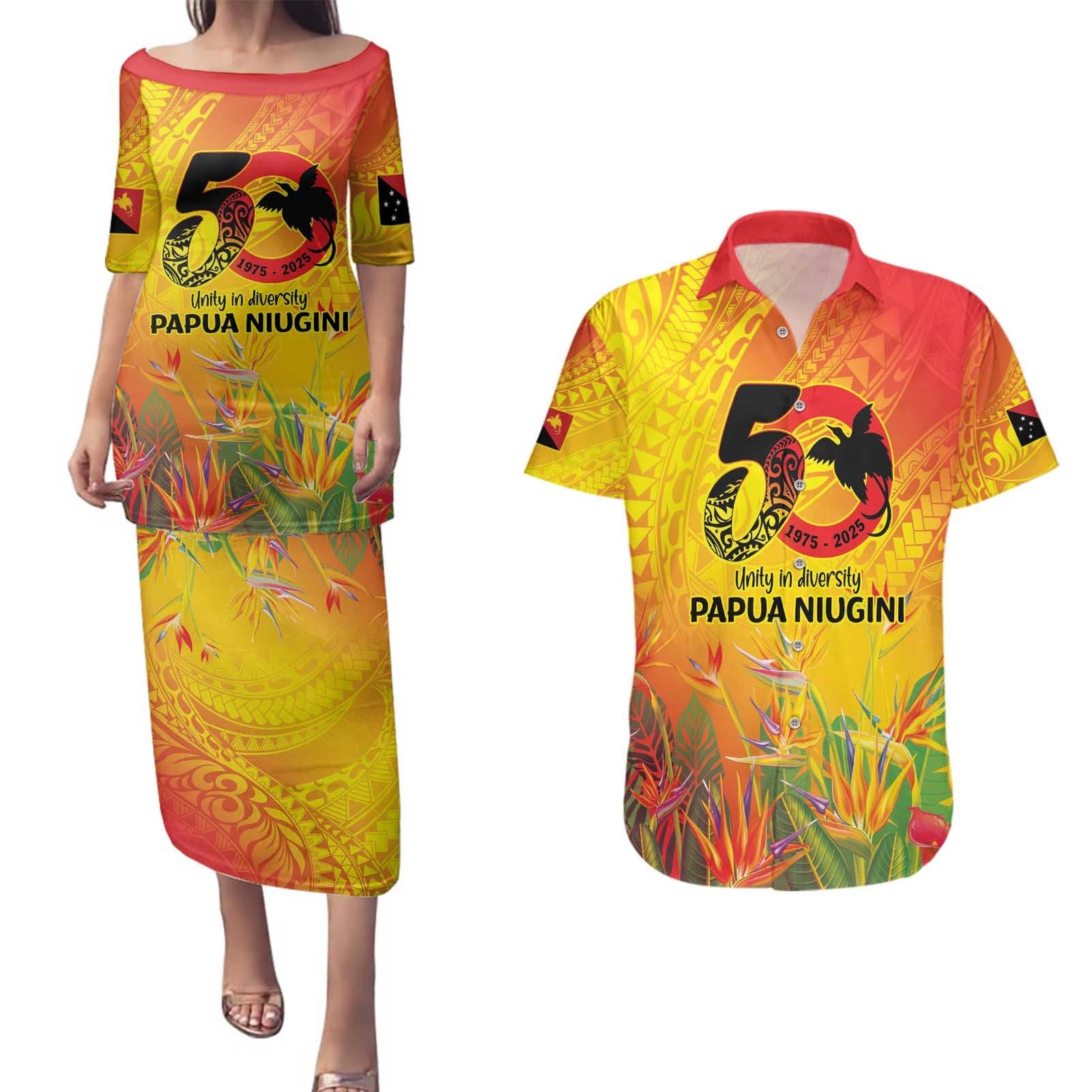 Papua New Guinea Unity in Diversity Couples Matching Puletasi and Hawaiian Shirt 50th Indipendens Papua Niugini