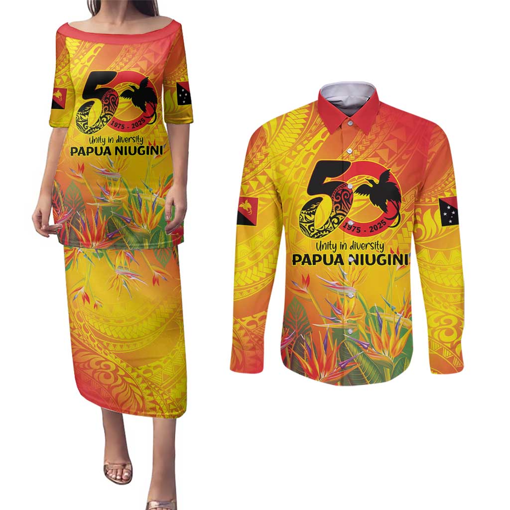 Papua New Guinea Unity in Diversity Couples Matching Puletasi and Long Sleeve Button Shirt 50th Indipendens Papua Niugini