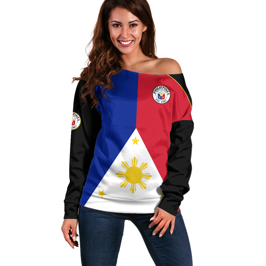 (Custom Text And Number) Philippines Concept Home Football Off Shoulder Sweater Pilipinas Flag Black Style 2023 LT9 Women Black - Polynesian Pride