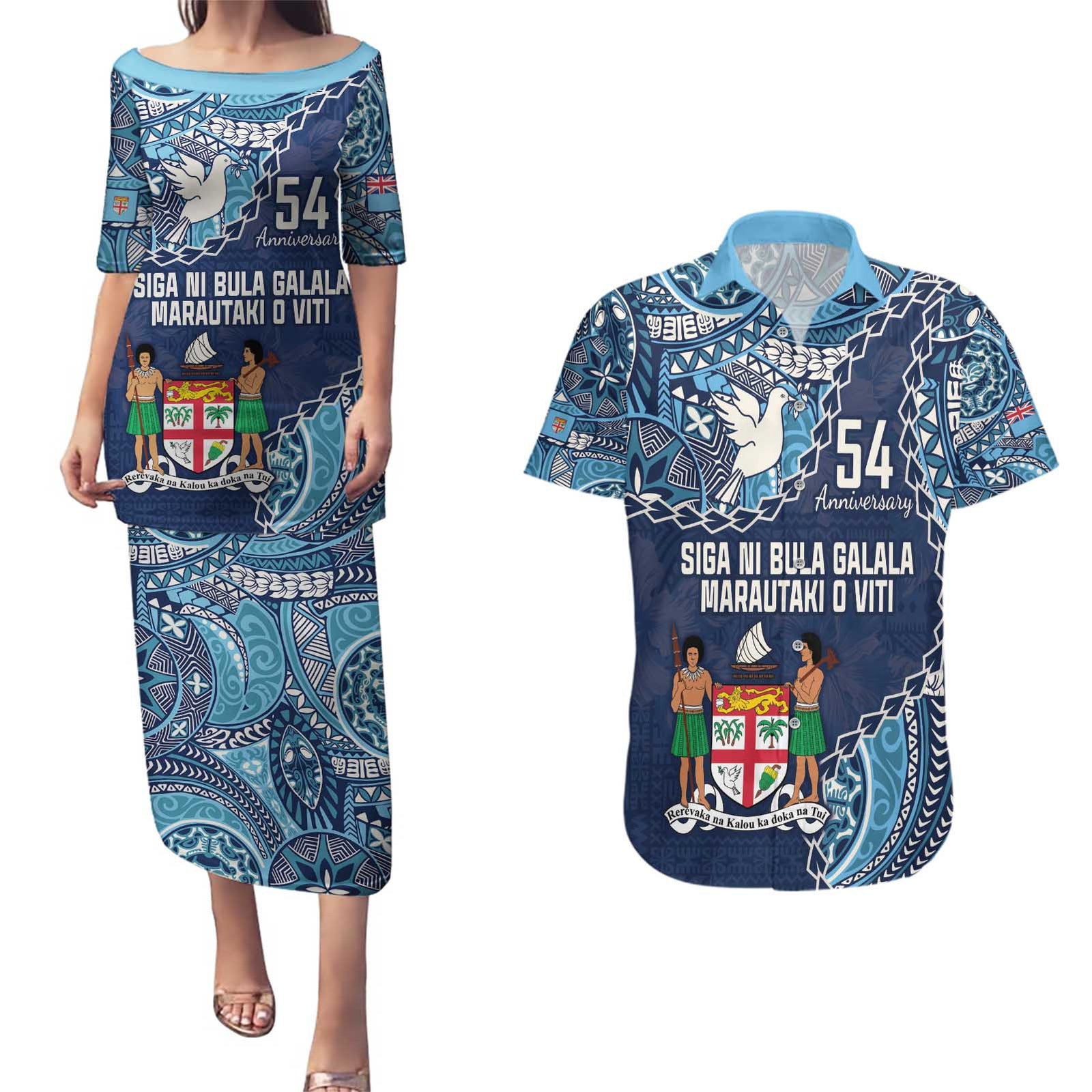 Personalised Fiji 54th Anniversary Couples Matching Puletasi and Hawaiian Shirt Siga Ni Bula Galala Marautaki O Viti LT9