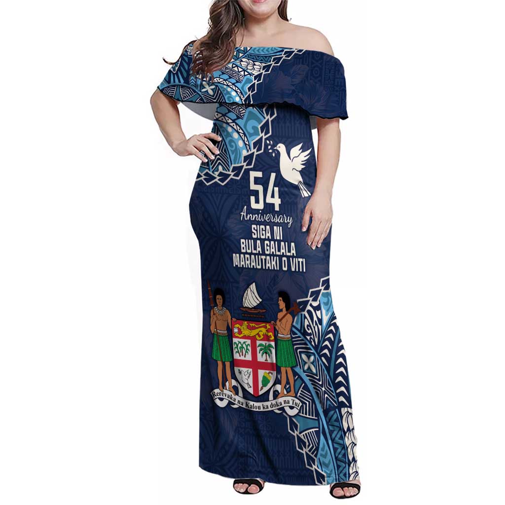 Personalised Fiji 54th Anniversary Family Matching Off Shoulder Maxi Dress and Hawaiian Shirt Siga Ni Bula Galala Marautaki O Viti LT9