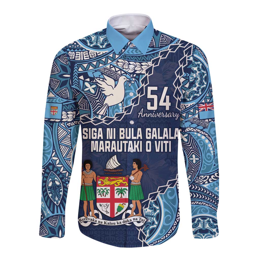 Personalised Fiji 54th Anniversary Long Sleeve Button Shirt Siga Ni Bula Galala Marautaki O Viti LT9