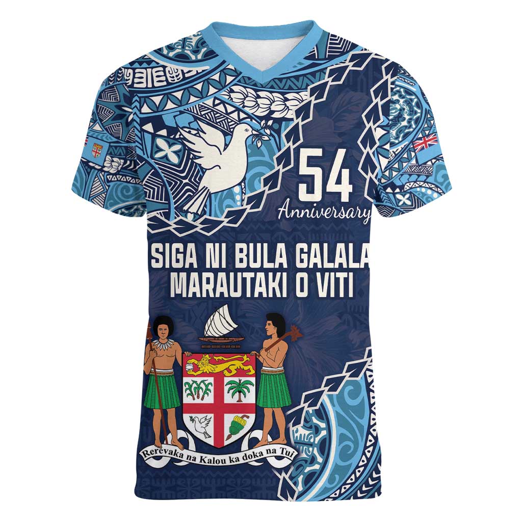 Personalised Fiji 54th Anniversary Women V-Neck T-Shirt Siga Ni Bula Galala Marautaki O Viti LT9