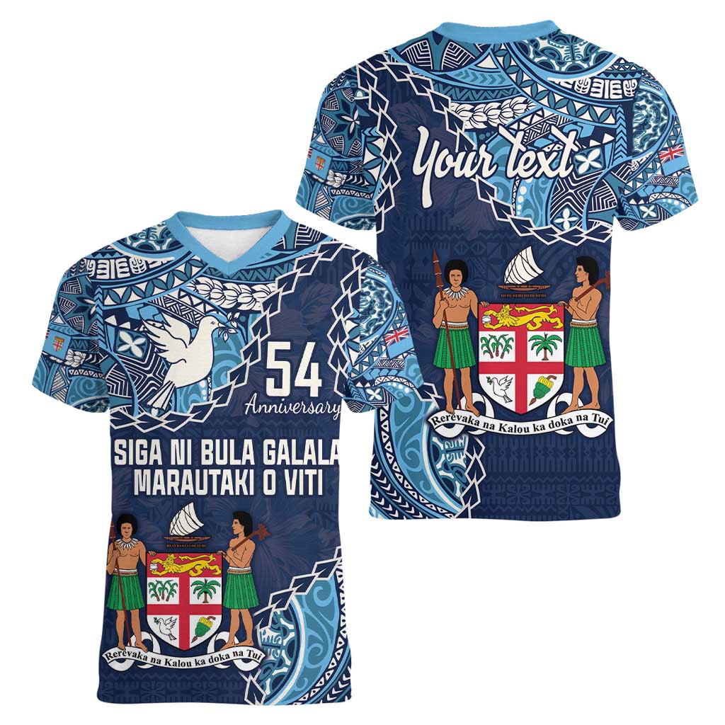 Personalised Fiji 54th Anniversary Women V-Neck T-Shirt Siga Ni Bula Galala Marautaki O Viti LT9